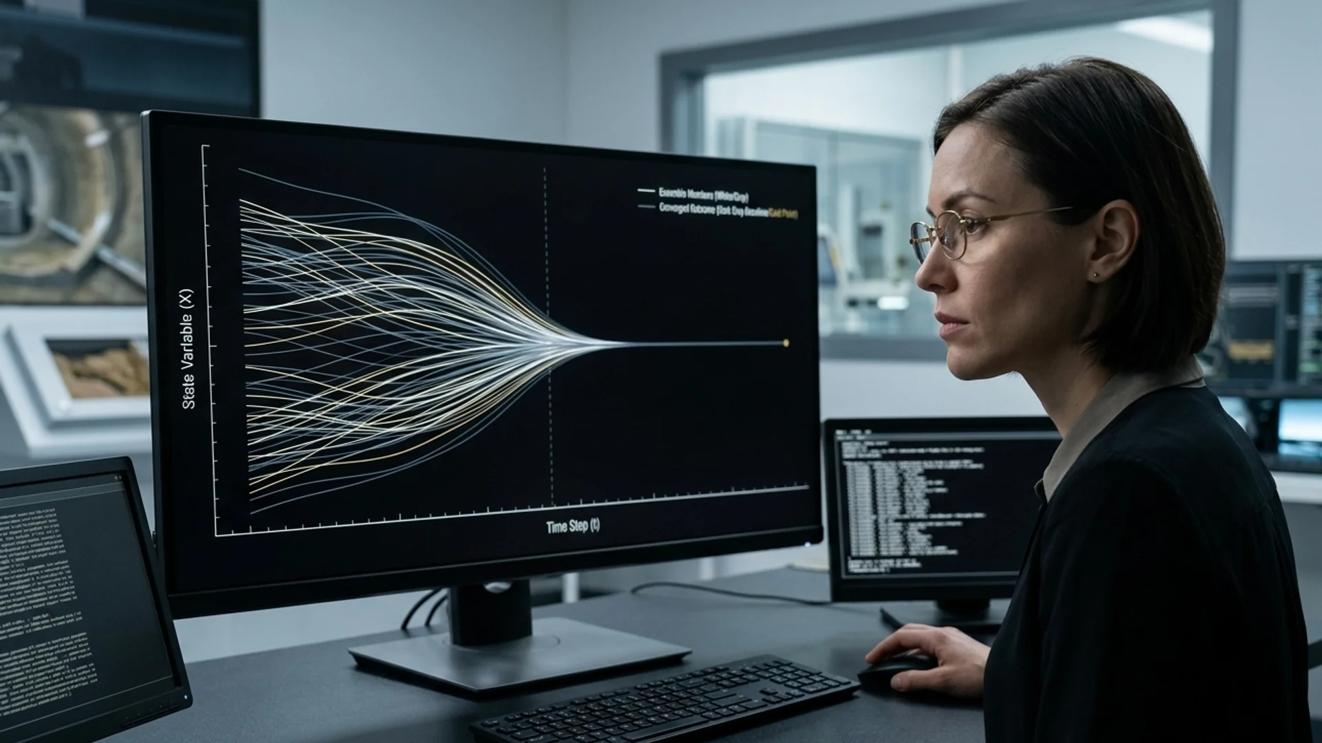 A woman at a desk watches a screen where many paths narrow into one line that ends on a single point.
